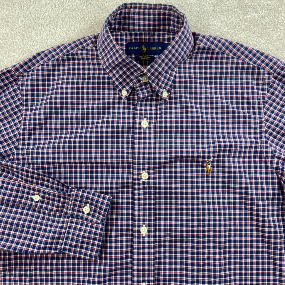 Ralph Lauren Button Down Shirt Mens M Blue Red Plaid Long Sleeve Cotton Stretch